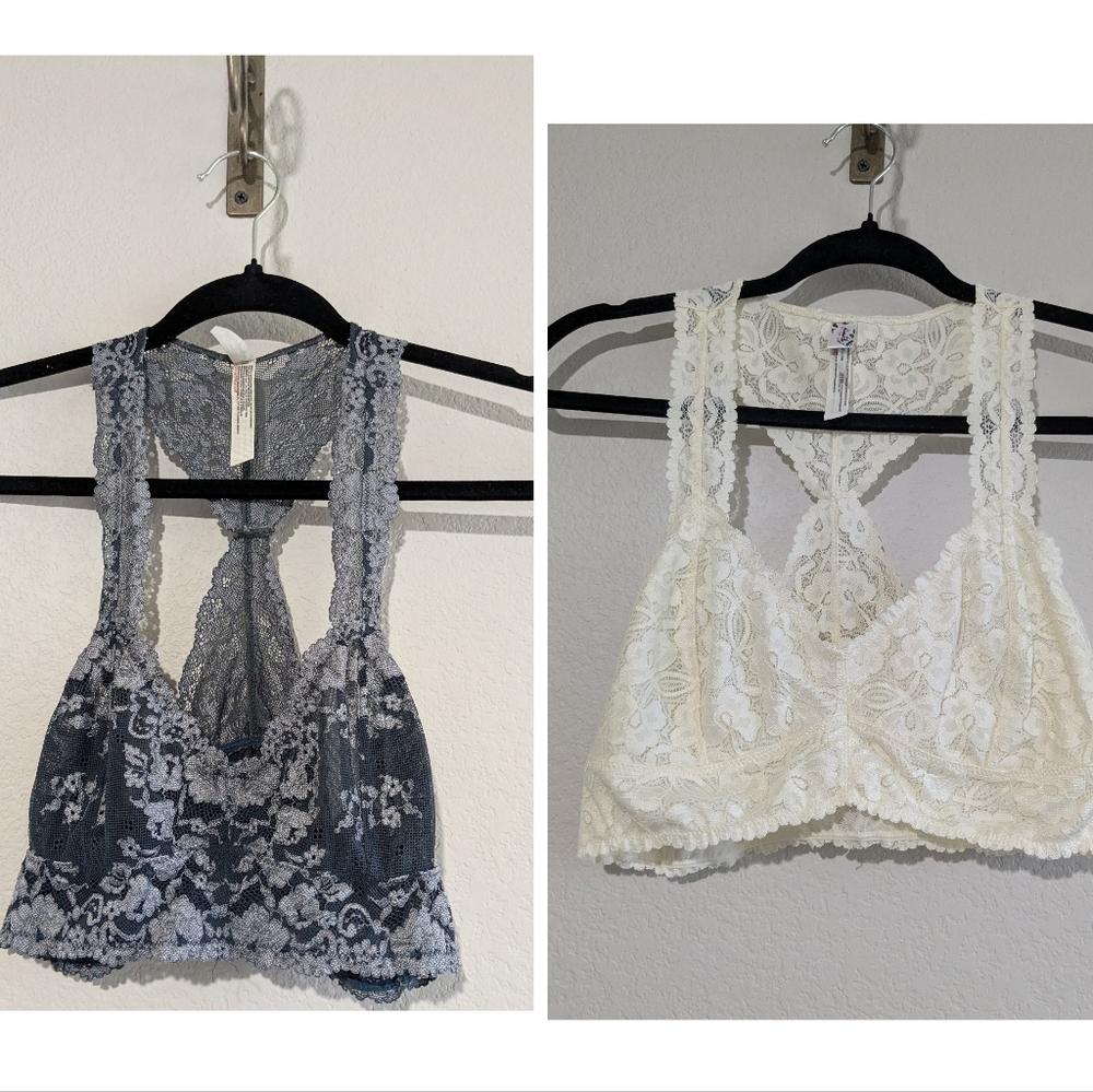 Free People Pair Lace Bralette Charcoal And White Galloon Racerback Brami Bra